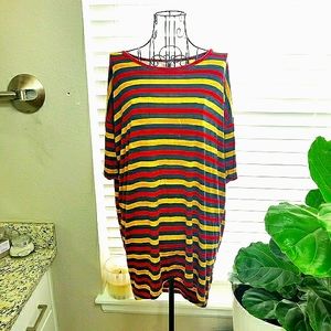 LuLaRoe Irma HiLo Tunic Red, Mustard, Green Stripe